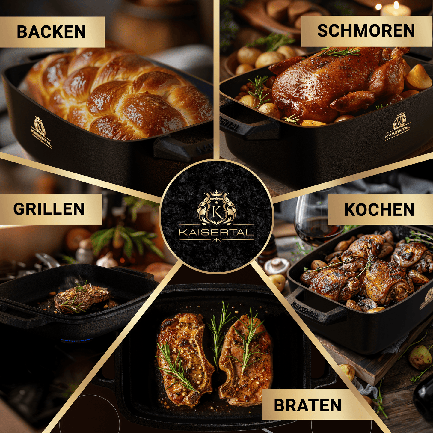 KAISERTAL Gusseisen Bräter 32 cm mit Deckel (10L) - Emailliert/Eingebrannt