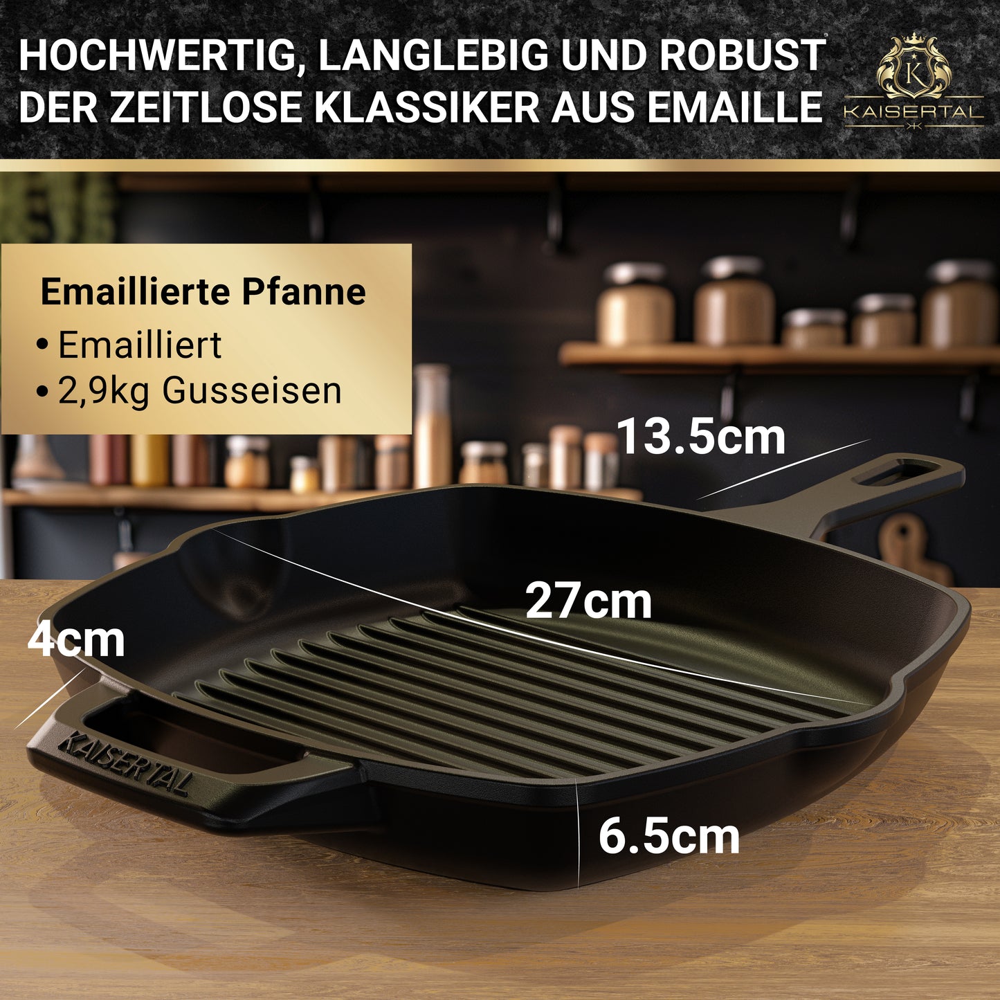KAISERTAL Gusseisen Grillpfanne 27 cm Eingebrannt - Doppelgriff/Henkel