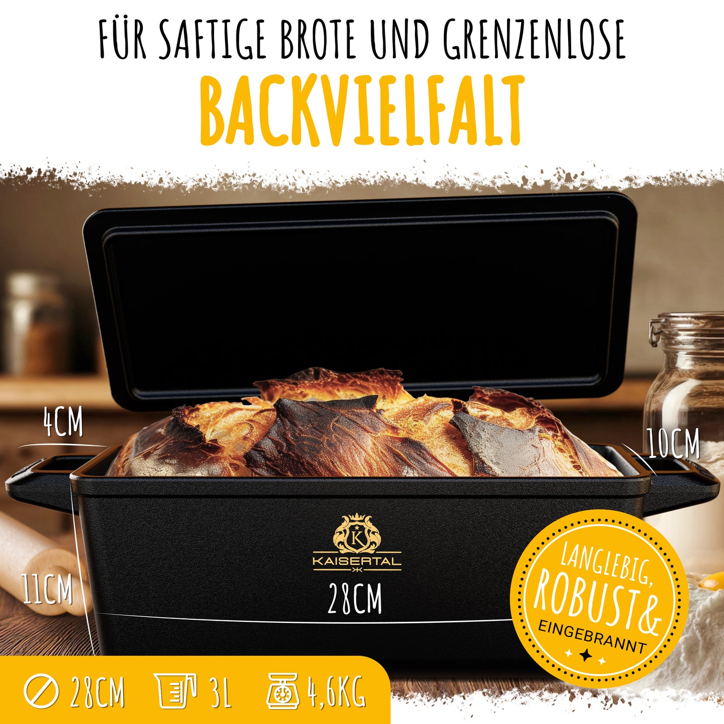KAISERTAL Gusseisen Brotbackbräter 28 cm mit Deckel (4,5L) - mit/ohne Gärkorb