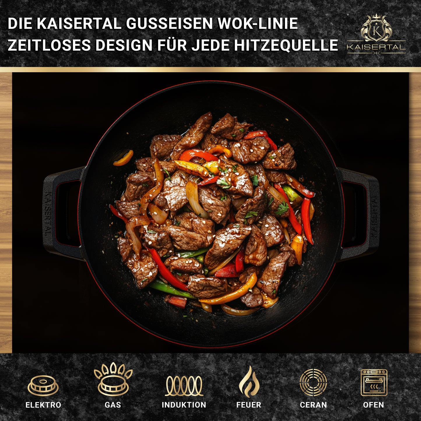 KAISERTAL Gusseisen Wok 32 cm Eingebrannt - mit/ohne Glasdeckel