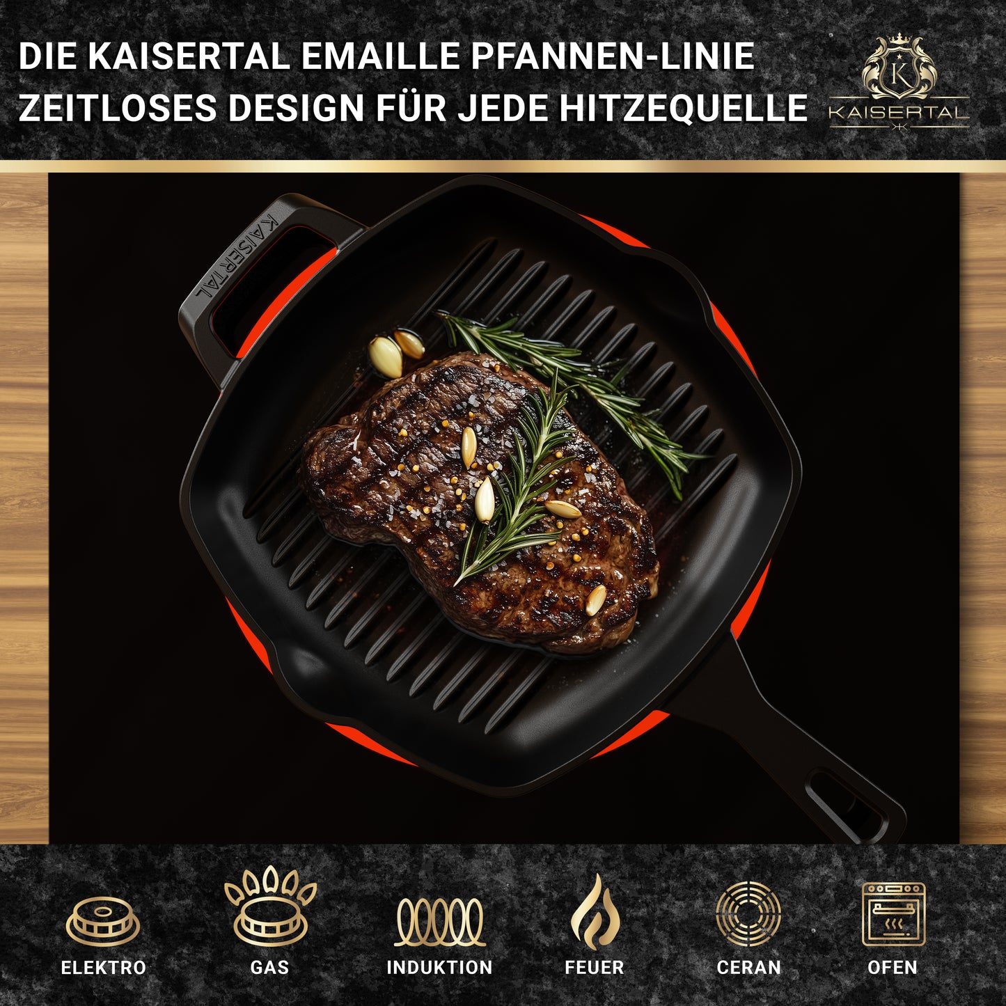 KAISERTAL Gusseisen Grillpfanne 27 cm Eingebrannt - Doppelgriff/Henkel