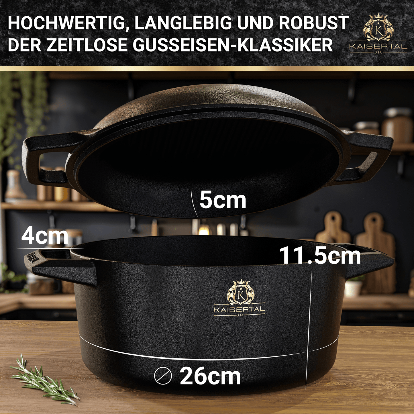 KAISERTAL Gusseisen Topf - 2-in-1 Schmortopf 26 cm mit Deckel (6,4L) -  Emailliert/Eingebrannt