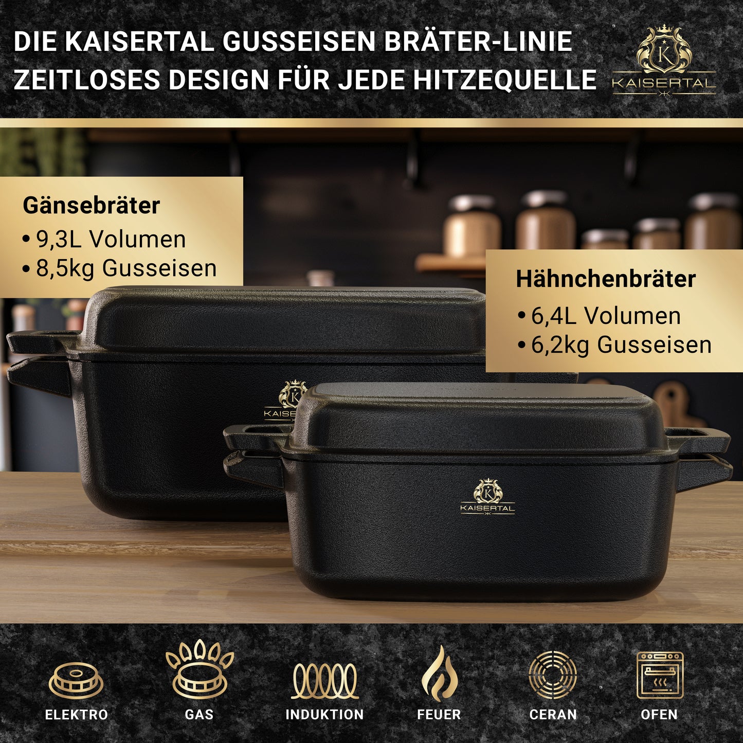 KAISERTAL Gusseisen Bräter 32 cm mit Deckel (10L) - Emailliert/Eingebrannt
