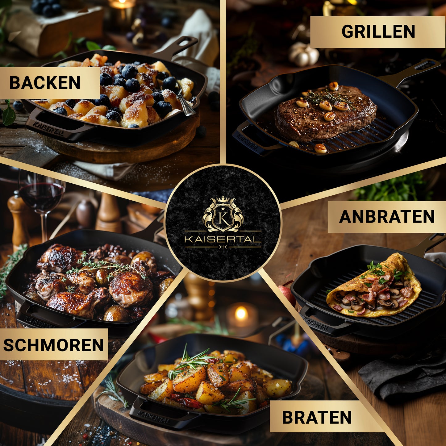 KAISERTAL Gusseisen Grillpfanne 27 cm Eingebrannt - Doppelgriff/Henkel