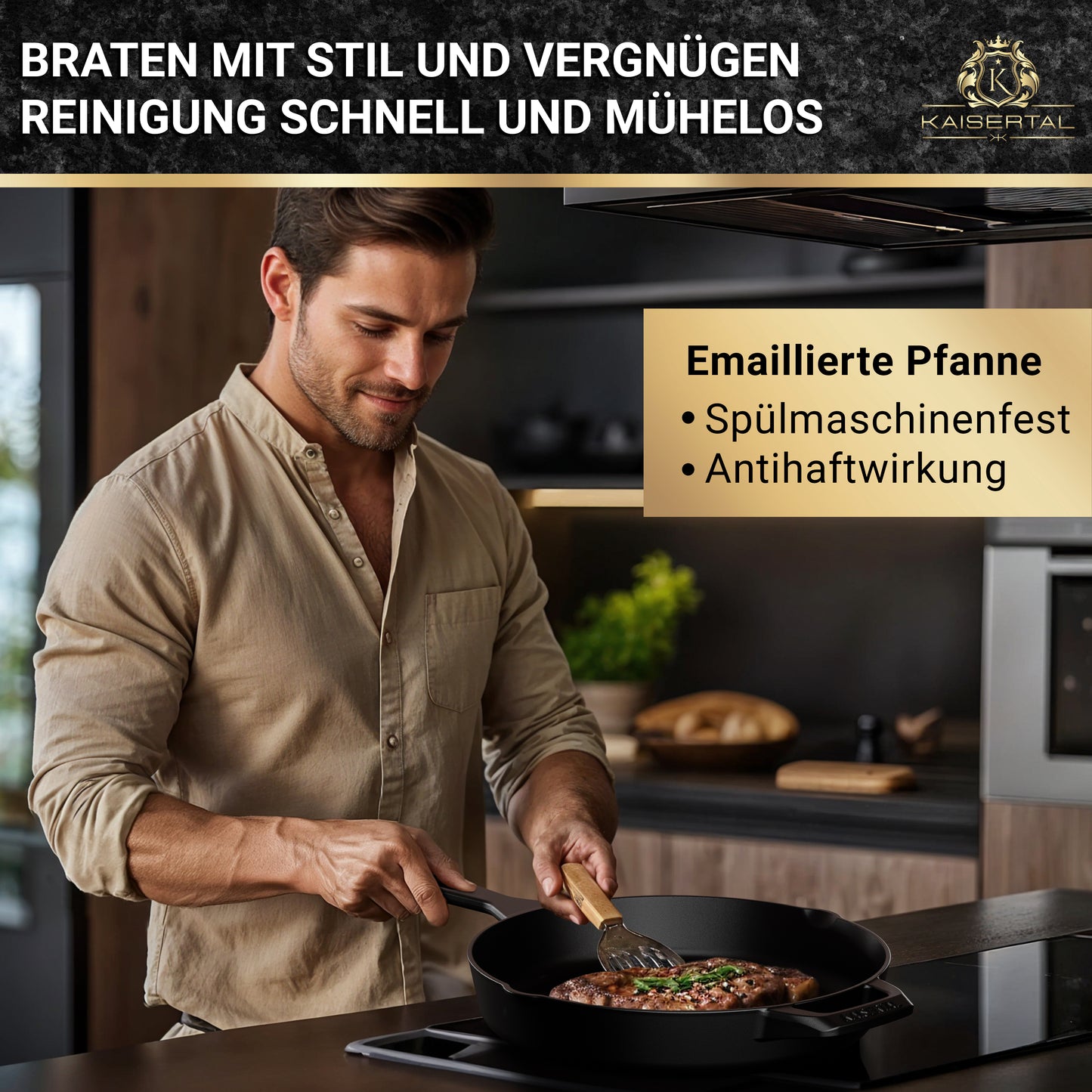 KAISERTAL Gusseisen Bratpfanne 30 cm Emailliert - Doppelgriff/Henkel