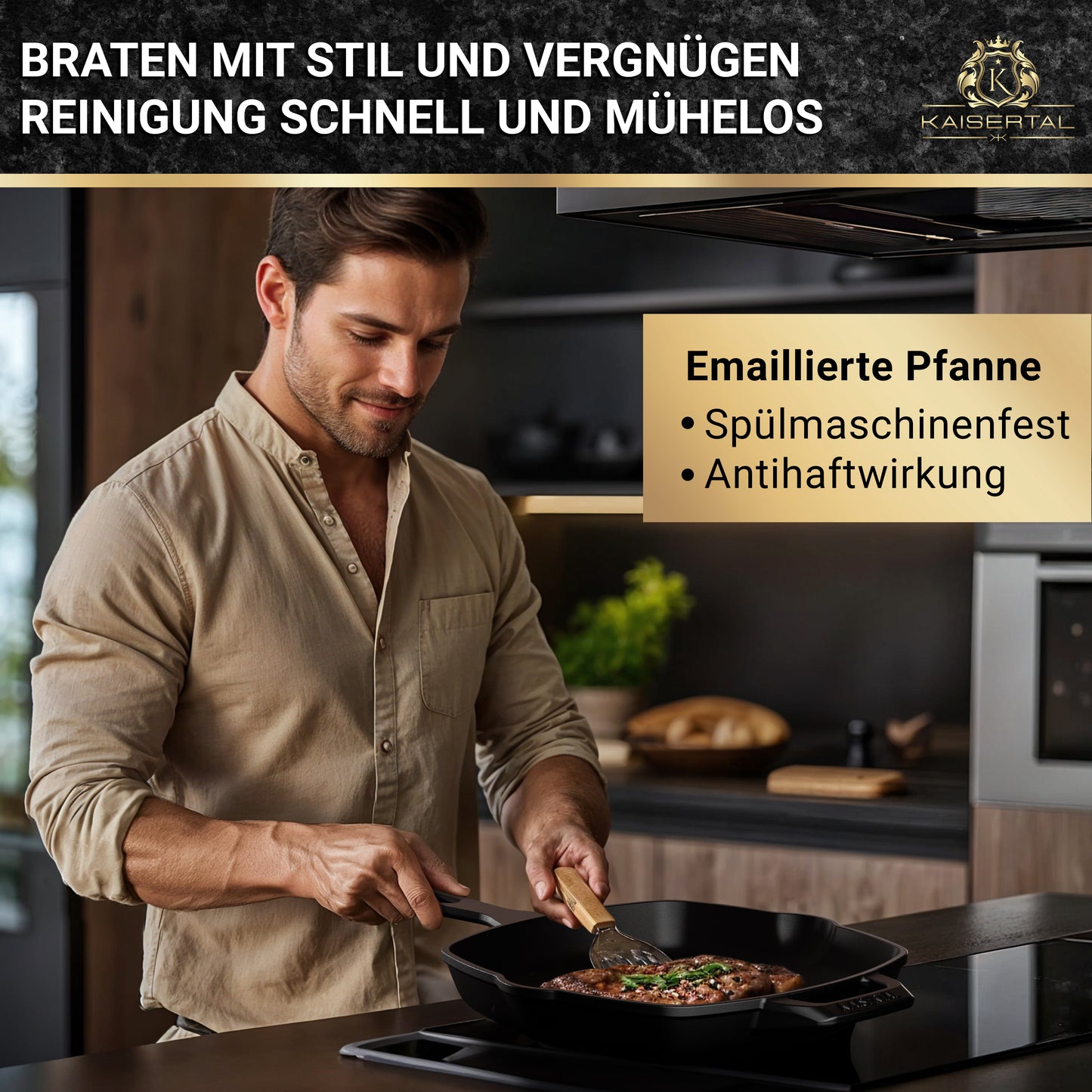 KAISERTAL Gusseisen Grillpfanne 27 cm Eingebrannt - Doppelgriff/Henkel
