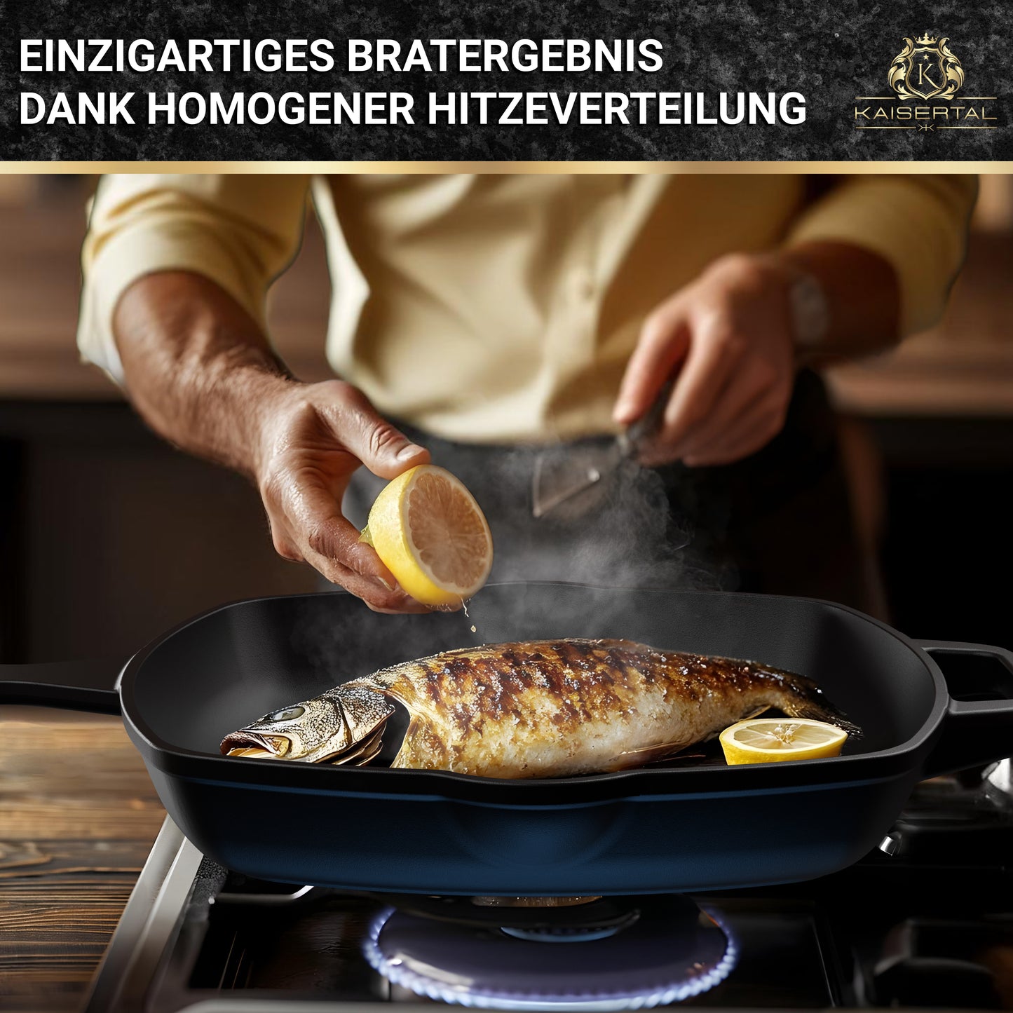 KAISERTAL Gusseisen Grillpfanne 27 cm Eingebrannt - Doppelgriff/Henkel