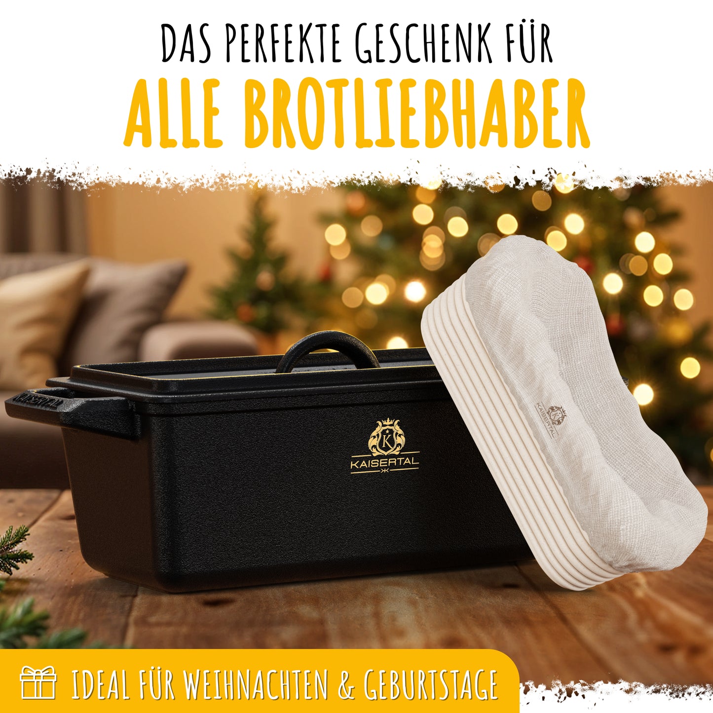 KAISERTAL Gusseisen Brotbackbräter 28 cm mit Deckel (4,5L) - mit Gärkorb