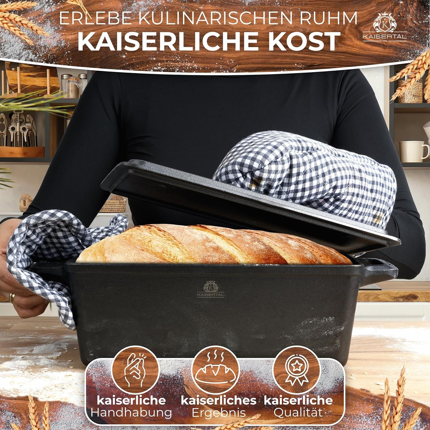 Kaisertal 4-in-1 Bread Baking Mould with Lid - Burnt Cast Iron Pot 3 L - Patented Bread Pot for Baking & Stewing Bread - All Types of Cookers