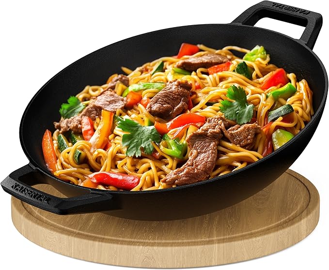 KAISERTAL Gusseisen Wok 32 cm Eingebrannt - mit/ohne Glasdeckel