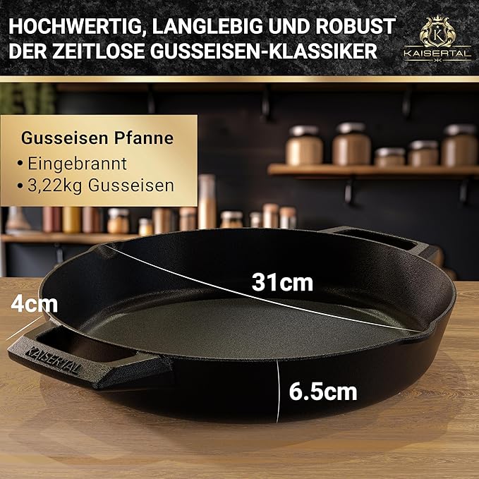 KAISERTAL Gusseisen Bratpfanne 30 cm Eingebrannt - Doppelgriff/Henkel