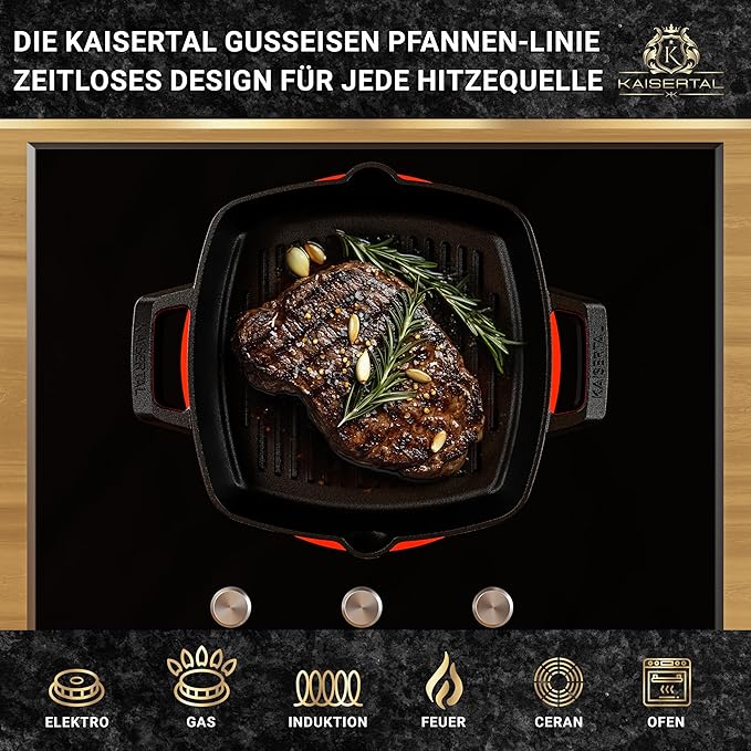 KAISERTAL Gusseisen Grillpfanne 27 cm Eingebrannt - Doppelgriff/Henkel