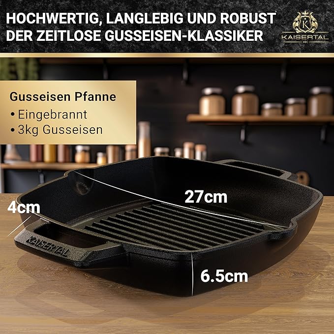 KAISERTAL Gusseisen Grillpfanne 27 cm Eingebrannt - Doppelgriff/Henkel