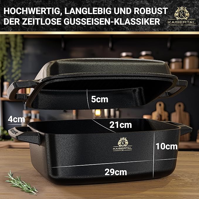 KAISERTAL Gusseisen Bräter 28 cm mit Deckel (6L) - Emailliert/Eingebrannt