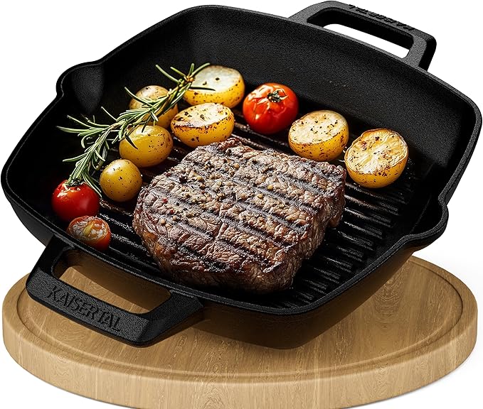 KAISERTAL Gusseisen Grillpfanne 27 cm Eingebrannt - Doppelgriff/Henkel