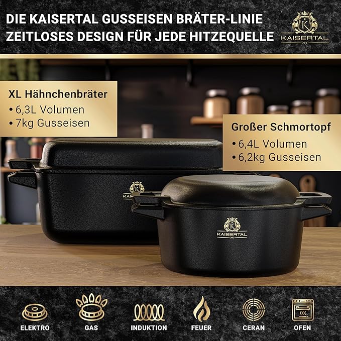 KAISERTAL Gusseisen Topf - 2-in-1 Schmortopf 26 cm mit Deckel (6,4L) -  Emailliert/Eingebrannt