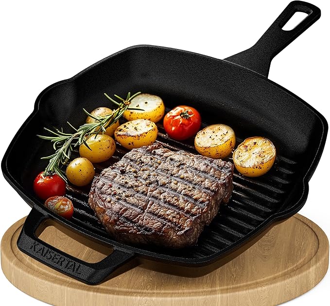 KAISERTAL Gusseisen Grillpfanne 27 cm Eingebrannt - Doppelgriff/Henkel