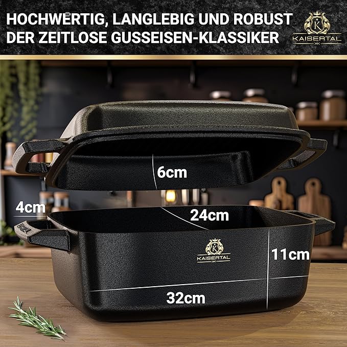 KAISERTAL Gusseisen Bräter 32 cm mit Deckel (10L) - Emailliert/Eingebrannt