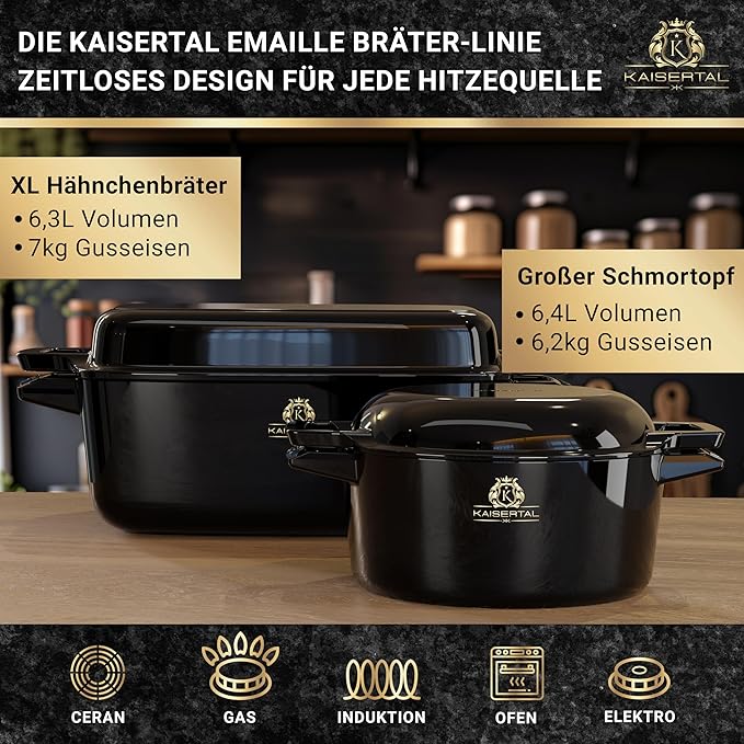 KAISERTAL Gusseisen Topf - 2-in-1 Schmortopf 26 cm mit Deckel (6,4L) -  Emailliert/Eingebrannt