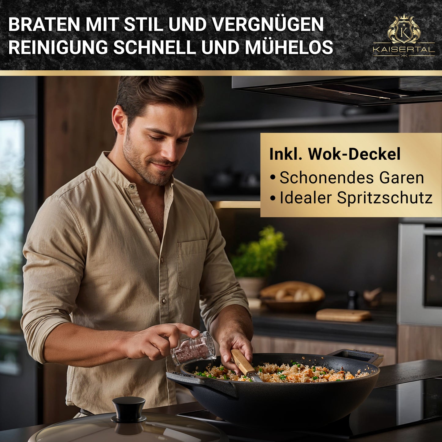 KAISERTAL Gusseisen Wok 32 cm Eingebrannt - mit/ohne Glasdeckel