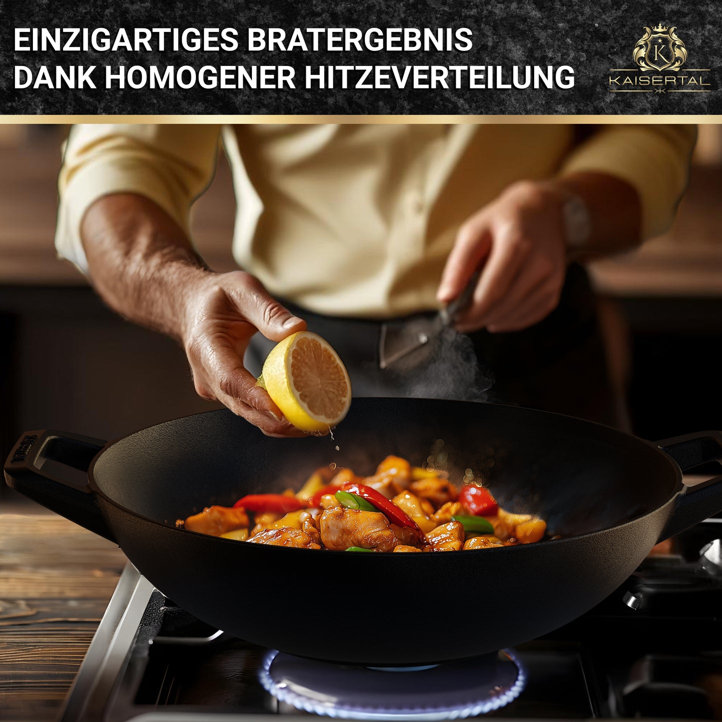 KAISERTAL Gusseisen Wok 32 cm Eingebrannt - mit/ohne Glasdeckel