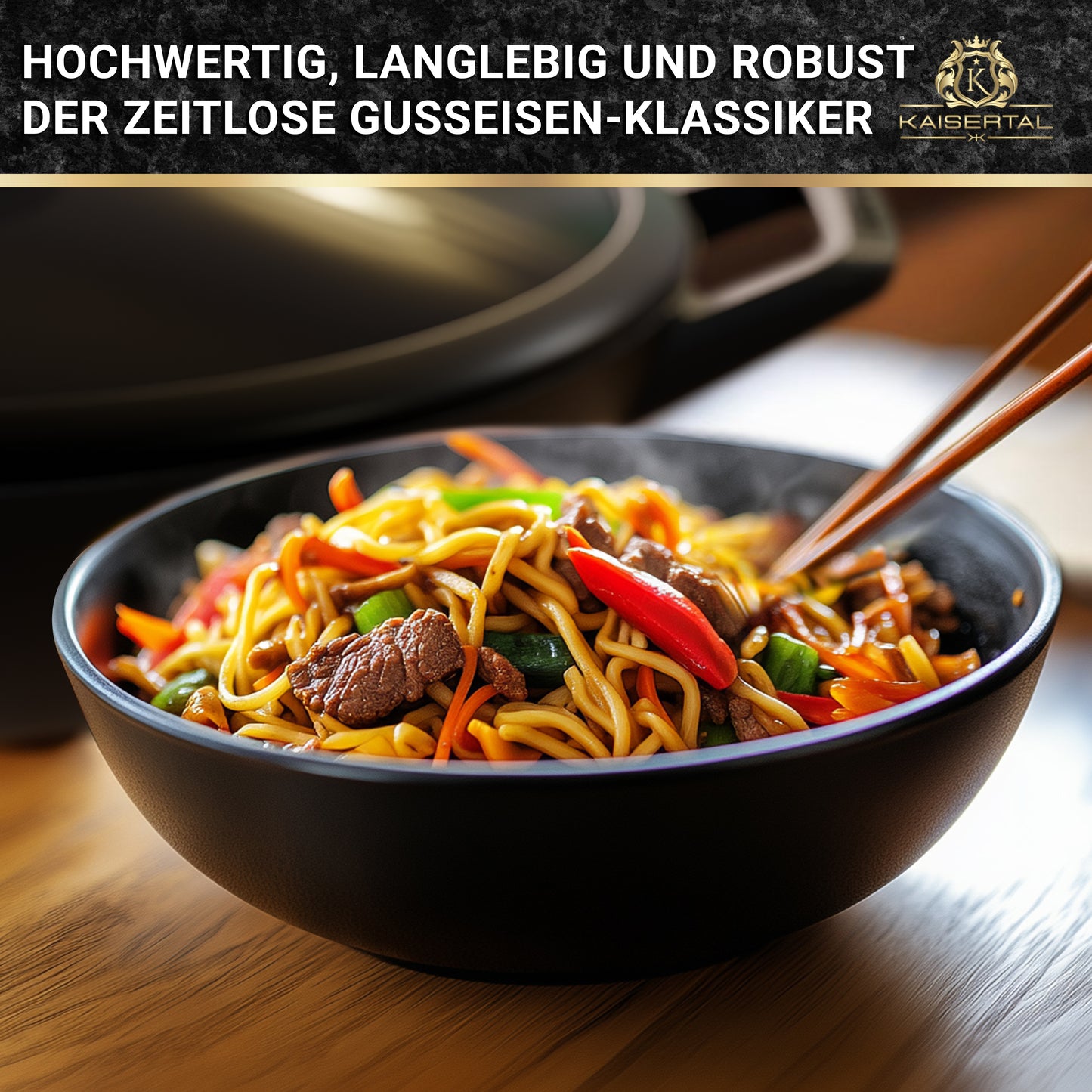KAISERTAL Gusseisen Wok 32 cm Eingebrannt - mit/ohne Glasdeckel