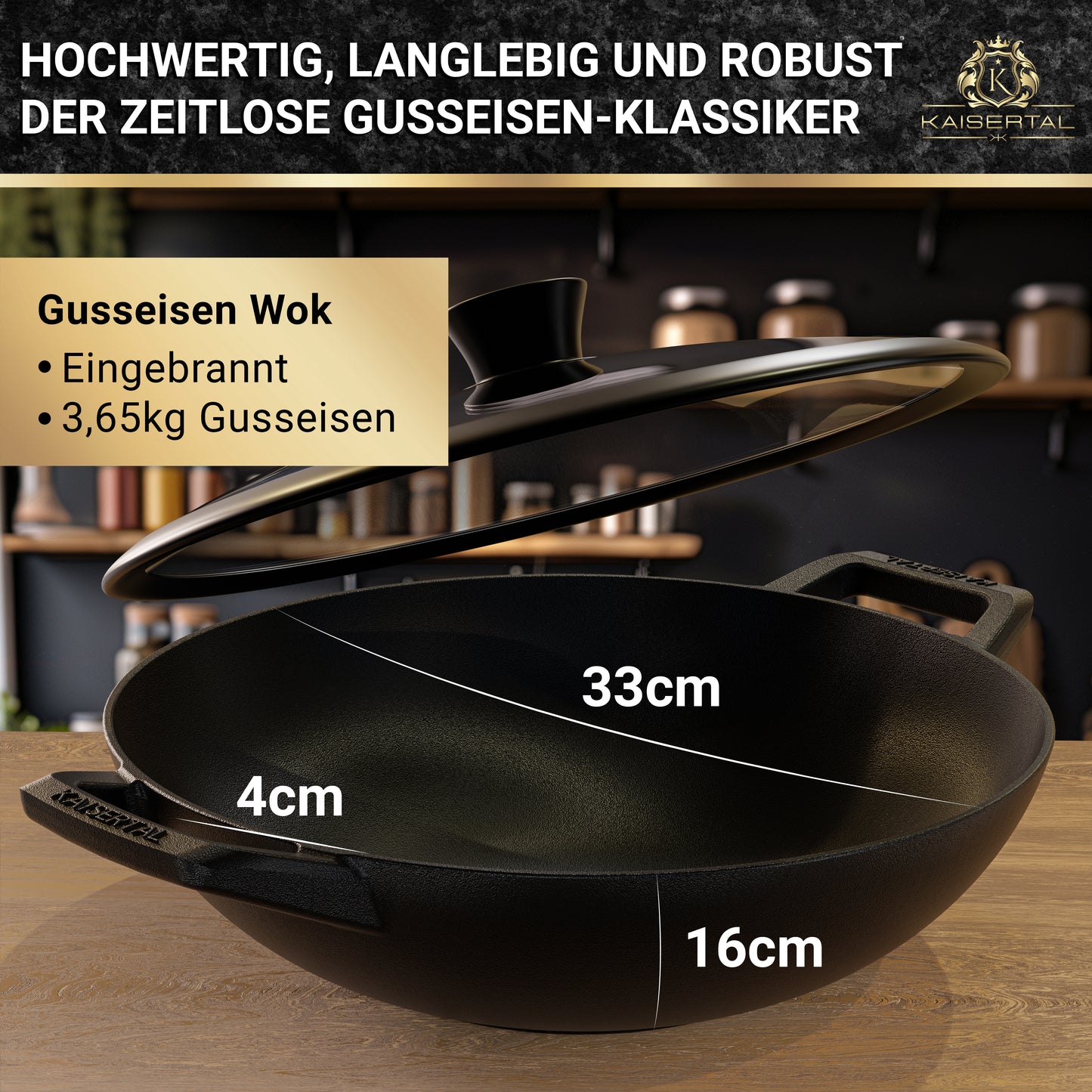 KAISERTAL Gusseisen Wok 32 cm Eingebrannt - mit/ohne Glasdeckel