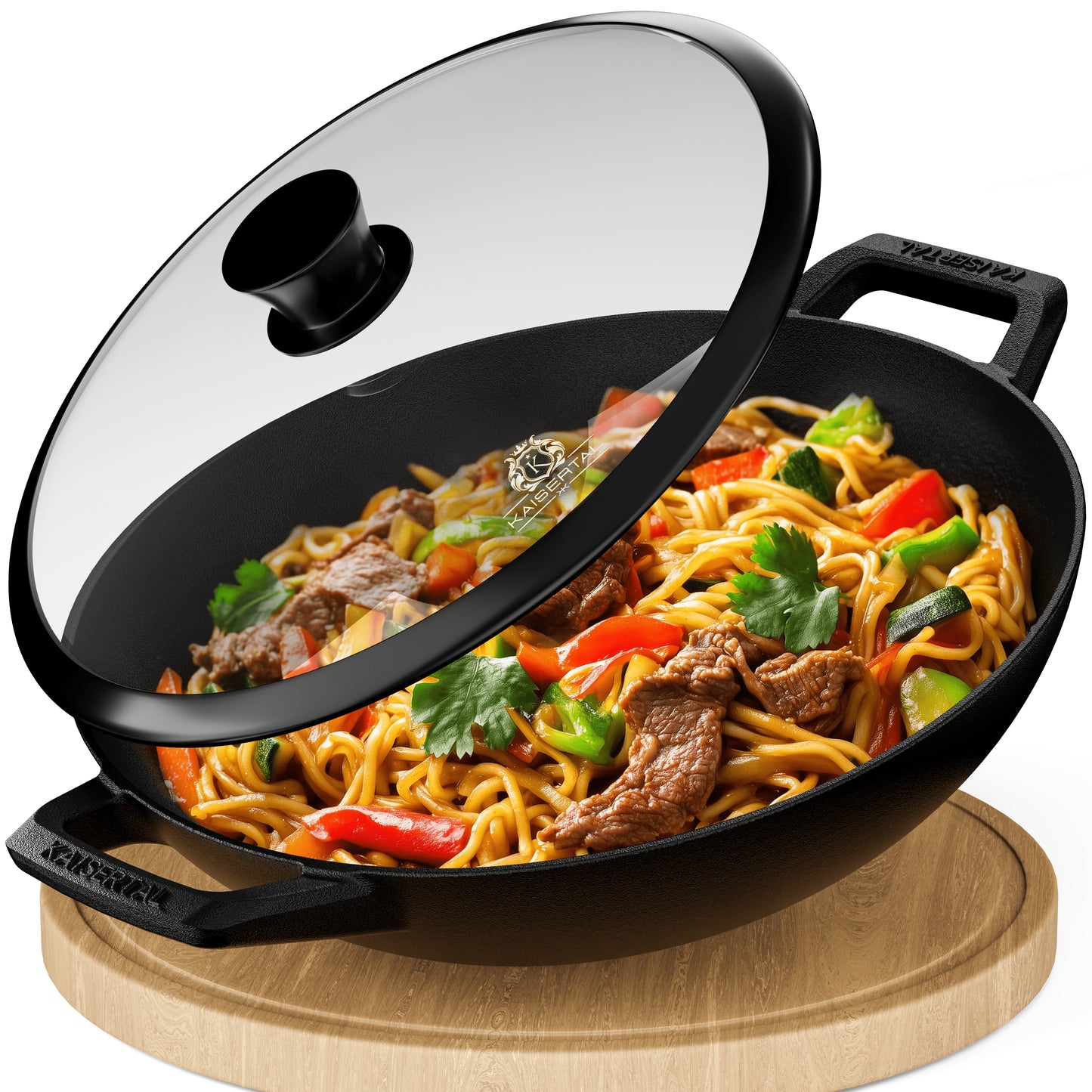 KAISERTAL Gusseisen Wok 32 cm Eingebrannt - mit/ohne Glasdeckel
