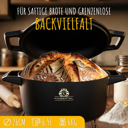 KAISERTAL Gusseisen Brotbacktopf 26 cm mit Deckel (4,7L) - mit/ohne Gärkorb