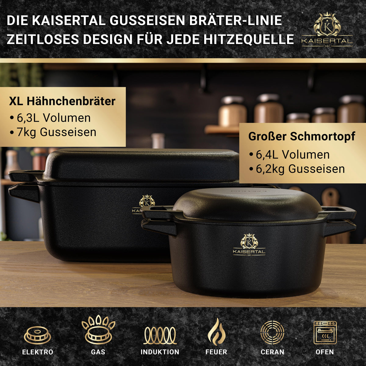 5in1 Gusseisen Topf + Deckel Pfanne 6,4l Ø26 Bräter Schmortopf Kochtop –
