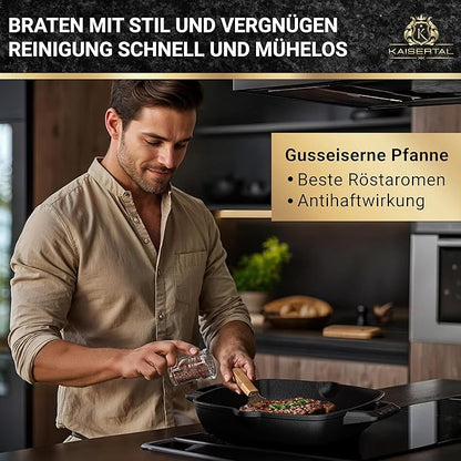 KAISERTAL Gusseisen Grillpfanne 27 cm Emailliert - Doppelgriff/Henkel