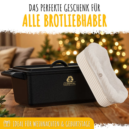 KAISERTAL Gusseisen Brotbackbräter 28 cm mit Deckel (4,5L) - mit Gärkorb