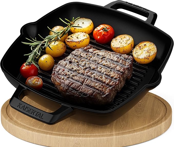 KAISERTAL Gusseisen Grillpfanne 27 cm Eingebrannt - Doppelgriff/Henkel
