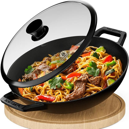 KAISERTAL Gusseisen Wok 32 cm Eingebrannt - mit/ohne Glasdeckel – kaisertal KAISERTAL Gusseisen Wok 32 cm Eingebrannt - mit/ohne Glasdeckel – kaisertal