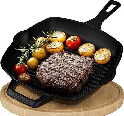 KAISERTAL Gusseisen Grillpfanne 27 cm Emailliert - Doppelgriff/Henkel