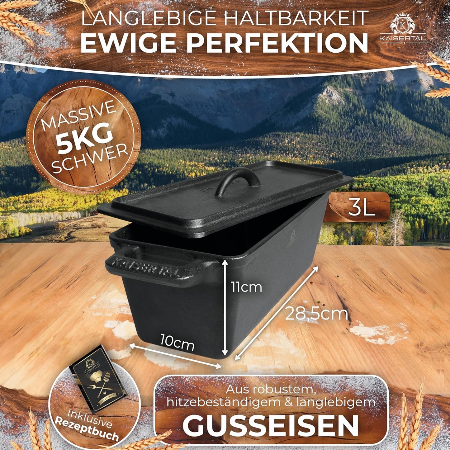 Kaisertal 4-in-1 Bread Baking Mould with Lid - Burnt Cast Iron Pot 3 L - Patented Bread Pot for Baking & Stewing Bread - All Types of Cookers